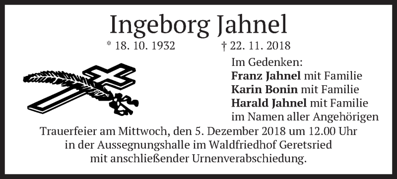  Traueranzeige für Ingeborg Jahnel vom 01.12.2018 aus merkurtz