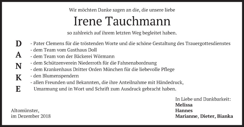  Traueranzeige für Irene Tauchmann vom 01.12.2018 aus merkurtz