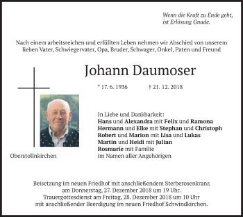 Traueranzeige von Johann Daumoser von merkurtz