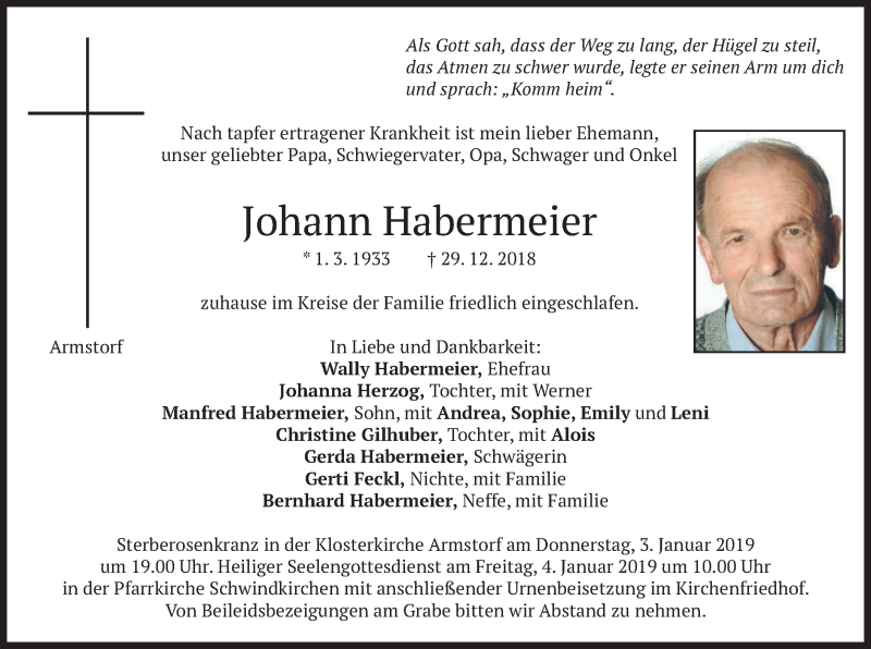  Traueranzeige für Johann Habermeier vom 31.12.2018 aus merkurtz
