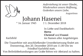 Traueranzeige von Johann Hasenei von merkurtz