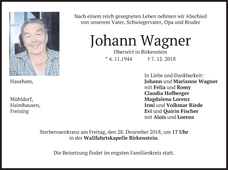  Traueranzeige für Johann Wagner vom 21.12.2018 aus merkurtz