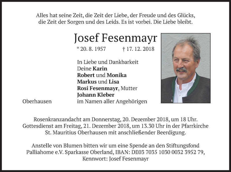 Traueranzeige für Josef Fesenmayr vom 19.12.2018 aus merkurtz