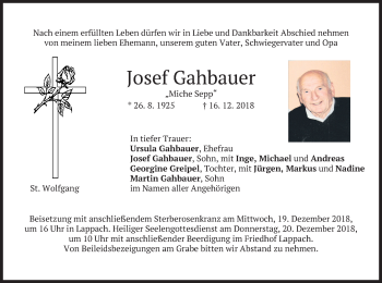 Traueranzeige von Josef Gahbauer von merkurtz