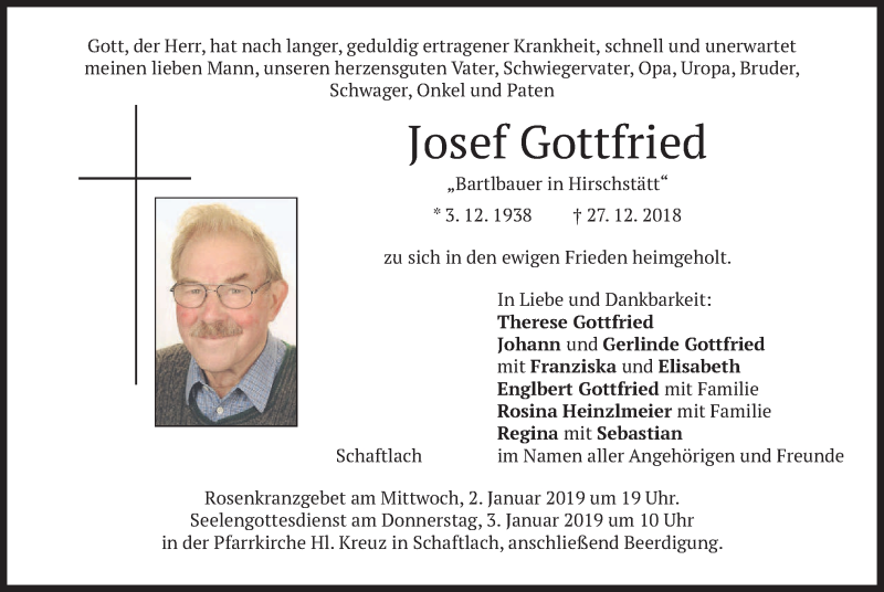  Traueranzeige für Josef Gottfried vom 29.12.2018 aus merkurtz