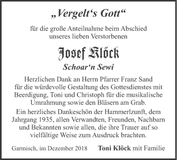 Traueranzeige von Josef Klöck von merkurtz