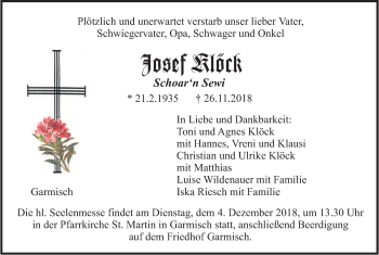 Traueranzeige von Josef Klöck von merkurtz