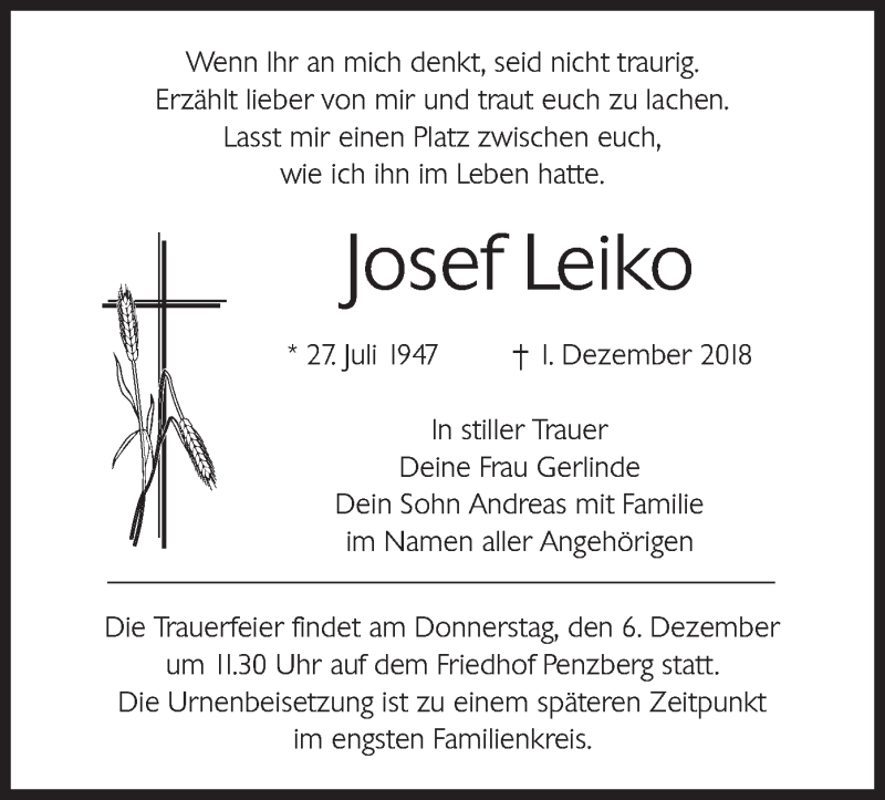  Traueranzeige für Josef Leiko vom 03.12.2018 aus merkurtz