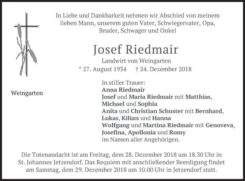  Traueranzeige für Josef Riedmair vom 27.12.2018 aus merkurtz