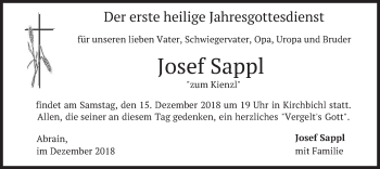 Traueranzeige von Josef Sappl von merkurtz