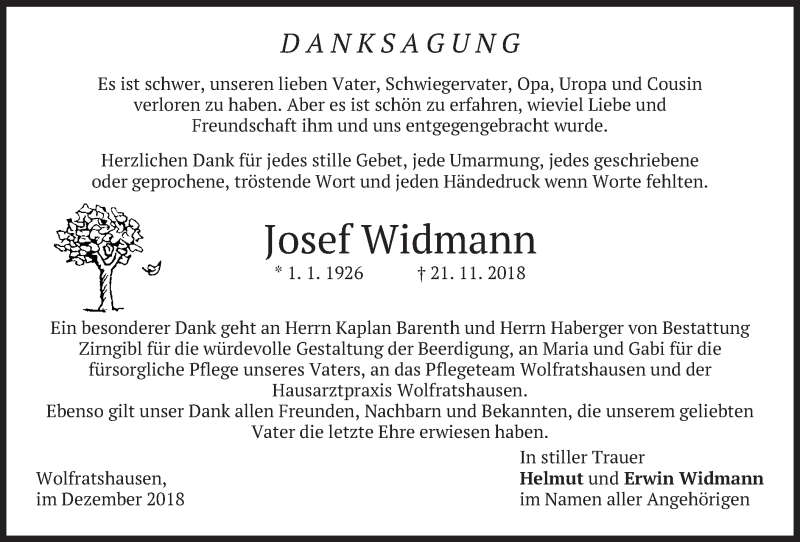  Traueranzeige für Josef Widmann vom 22.12.2018 aus merkurtz
