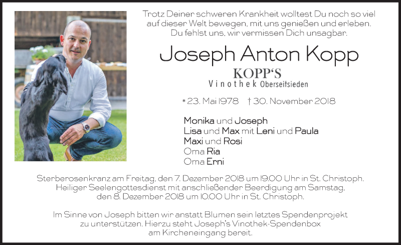  Traueranzeige für Joseph Anton Kopp vom 05.12.2018 aus merkurtz