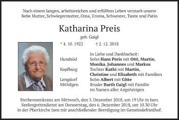 Traueranzeige von Katharina Preis von merkurtz