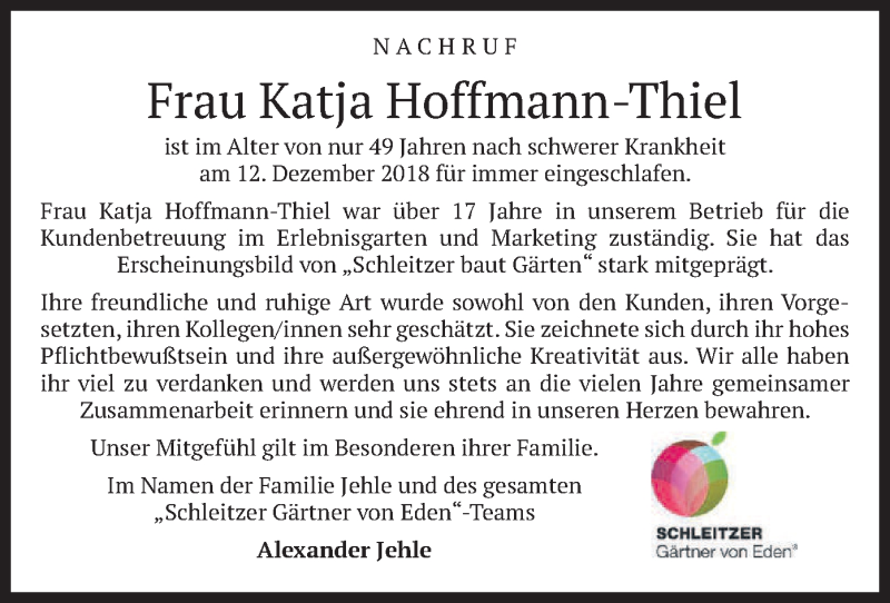  Traueranzeige für Katja Hoffmann-Thiel vom 15.12.2018 aus merkurtz