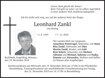 Traueranzeige von Leonhard Zankl von merkurtz