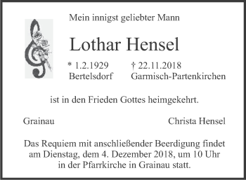 Traueranzeige von Lothar Hensel von merkurtz