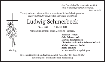 Traueranzeige von Ludwig Schmerbeck von merkurtz