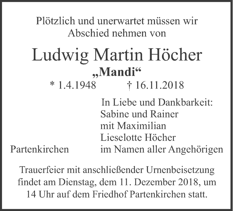  Traueranzeige für Ludwig Martin Höcher vom 07.12.2018 aus merkurtz