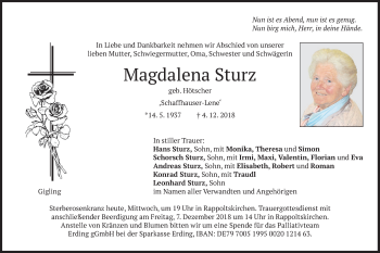 Traueranzeige von Magdalena Sturz von merkurtz