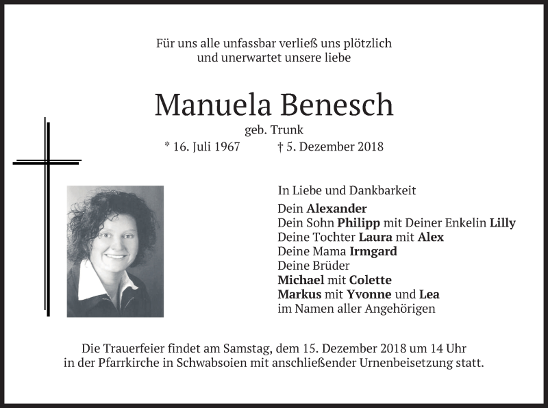 Traueranzeige für Manuela Benesch vom 13.12.2018 aus merkurtz
