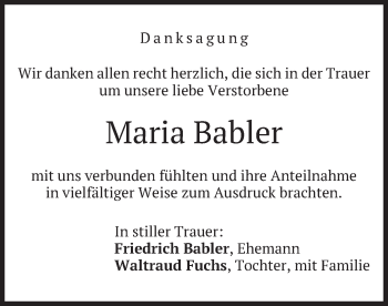 Traueranzeige von Maria Babler von merkurtz