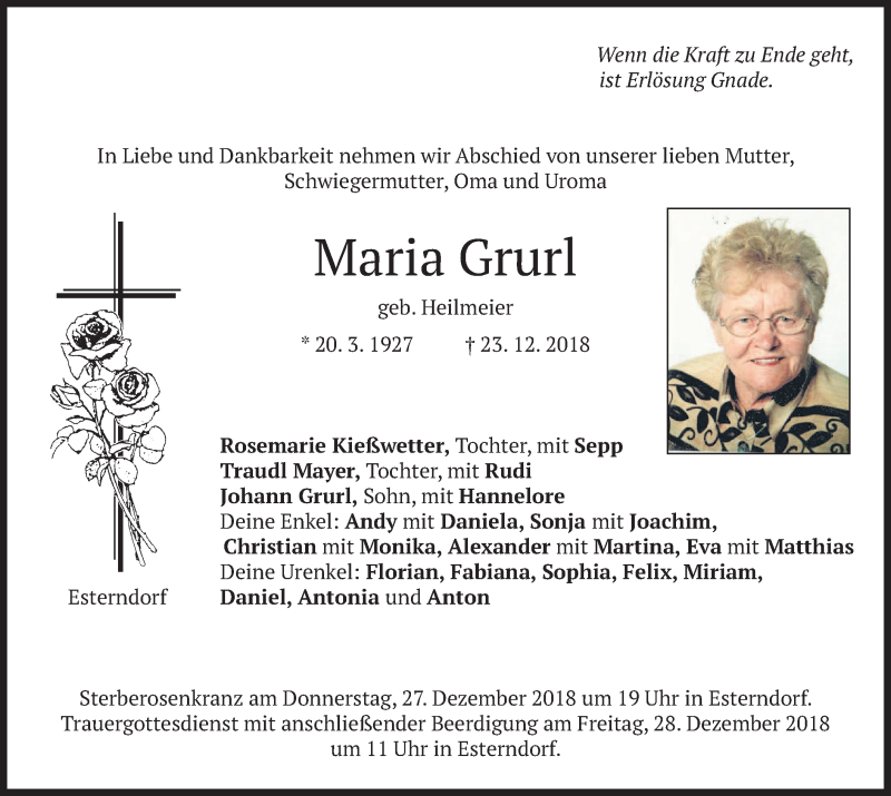  Traueranzeige für Maria Grurl vom 27.12.2018 aus merkurtz