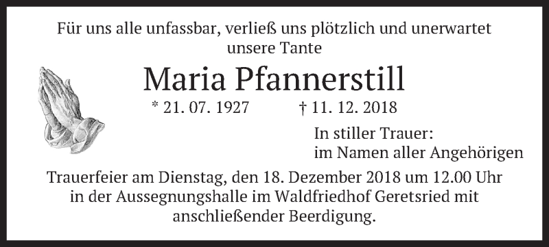 Traueranzeige für Maria Pfannerstill vom 15.12.2018 aus merkurtz