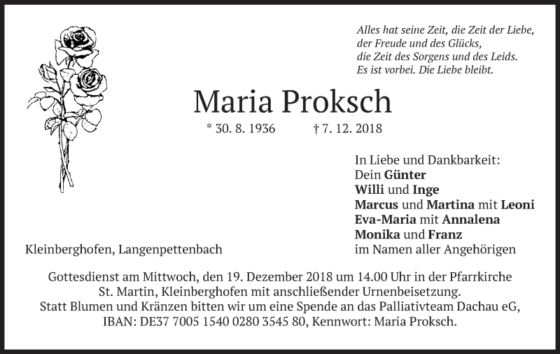  Traueranzeige für Maria Proksch vom 15.12.2018 aus merkurtz