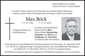 Traueranzeige von Max Böck von merkurtz