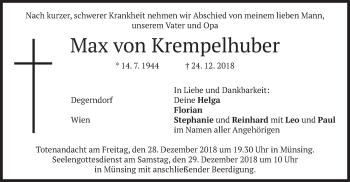 Traueranzeige von Max von Krempelhuber von merkurtz