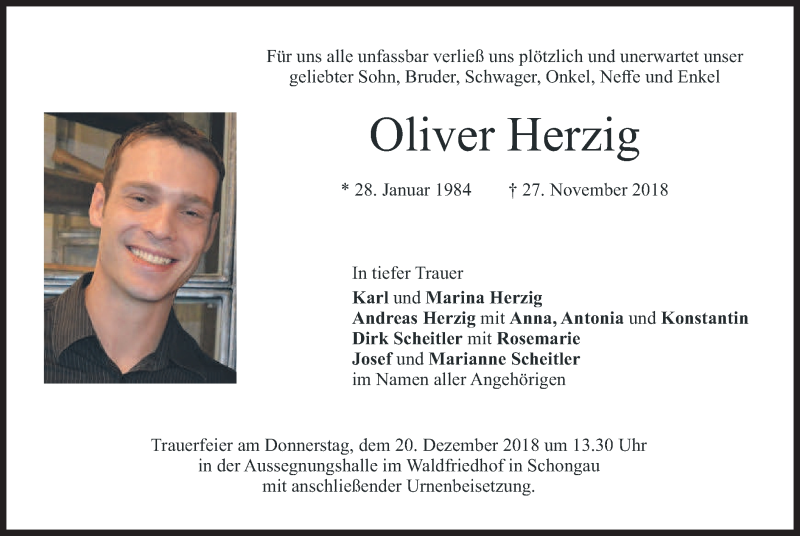  Traueranzeige für Oliver Herzig vom 18.12.2018 aus merkurtz