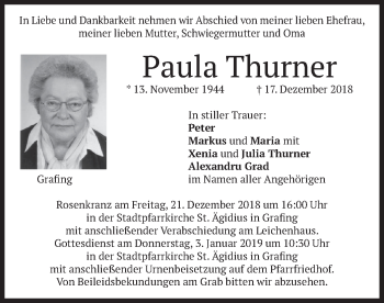 Traueranzeige von Paula Thurner von merkurtz