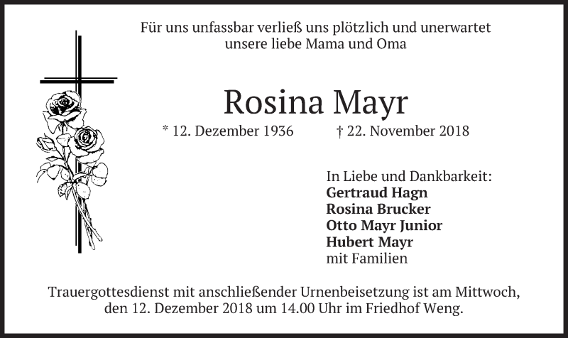  Traueranzeige für Rosina Mayr vom 08.12.2018 aus merkurtz