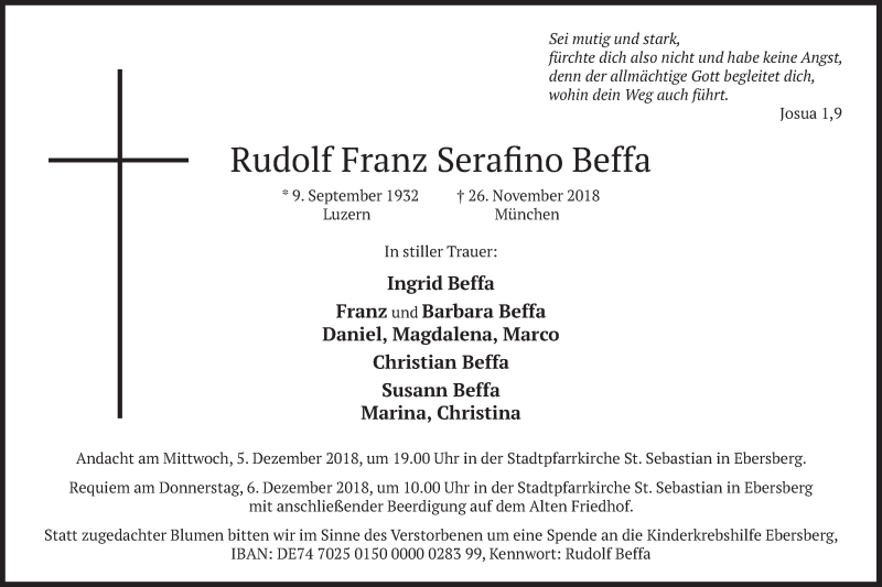  Traueranzeige für Rudolf Franz Serafino Beffa vom 01.12.2018 aus merkurtz