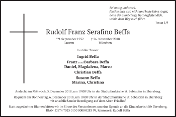 Traueranzeige von Rudolf Franz Serafino Beffa