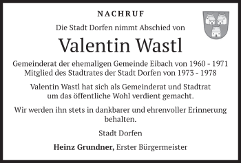 Traueranzeige von Valentin Wastl von merkurtz