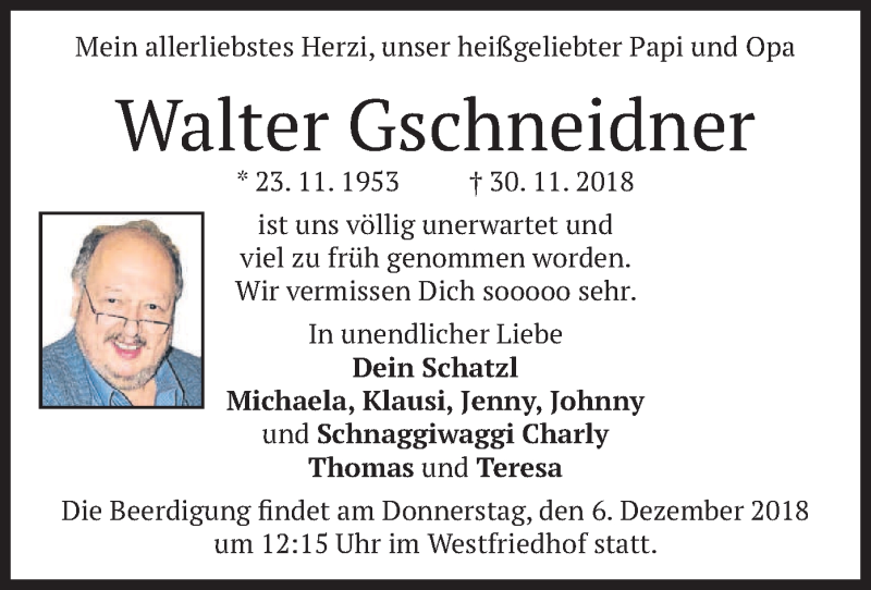  Traueranzeige für Walter Gschneidner vom 04.12.2018 aus merkurtz