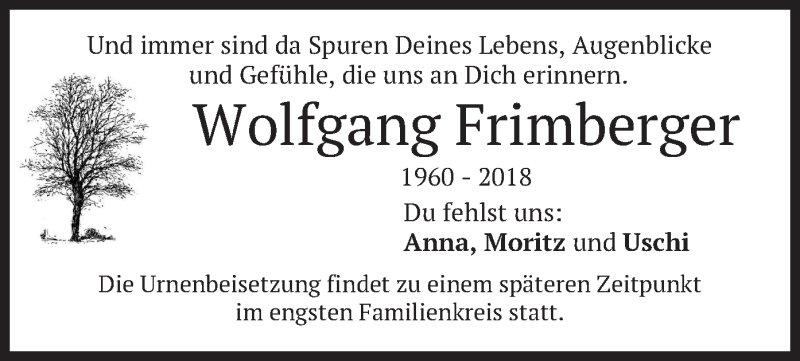  Traueranzeige für Wolfgang Frimberger vom 29.12.2018 aus merkurtz