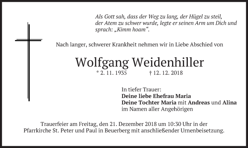  Traueranzeige für Wolfgang Weidenhiller vom 15.12.2018 aus merkurtz