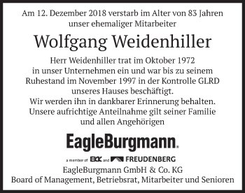 Traueranzeige von Wolfgang Weidenhiller von merkurtz