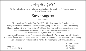 Traueranzeige von Xaver Angerer von merkurtz