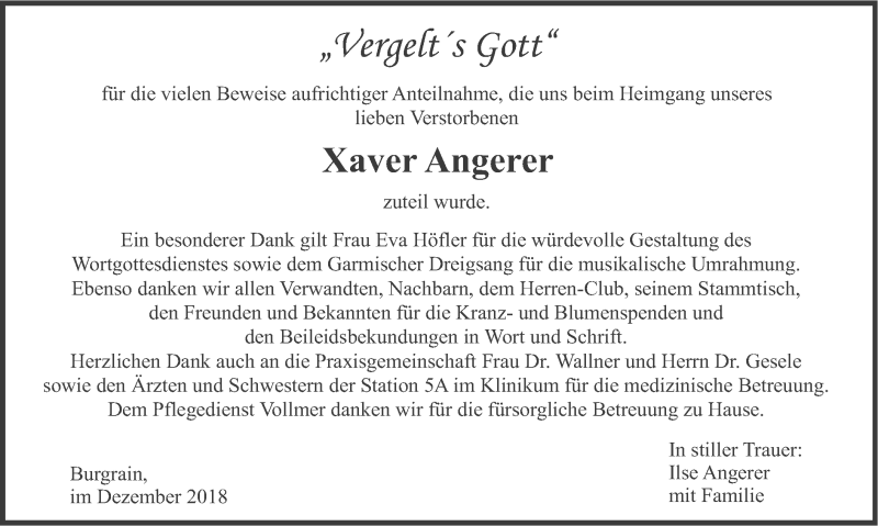  Traueranzeige für Xaver Angerer vom 01.12.2018 aus merkurtz