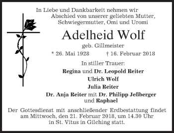 Traueranzeige von Adelheid Wolf