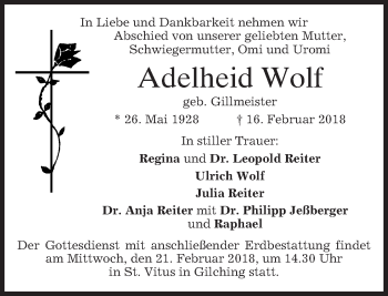 Traueranzeige von Adelheid Wolf von merkurtz