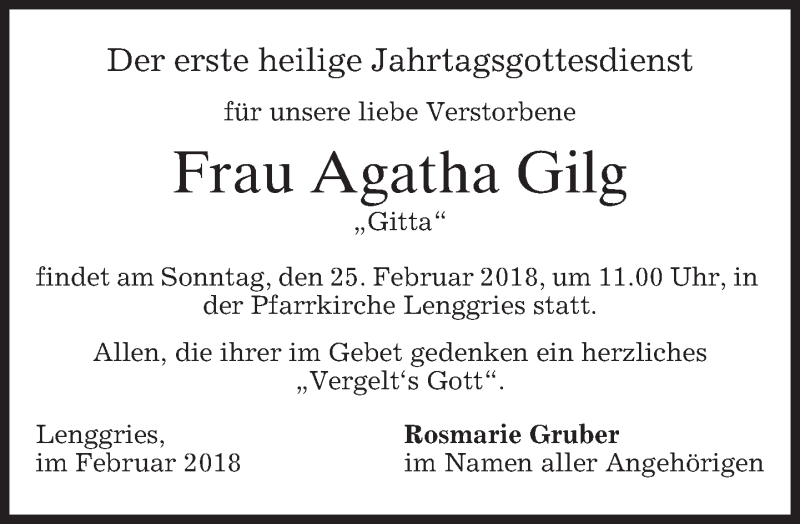 Traueranzeige für Agatha Gilg vom 23.02.2018 aus merkurtz