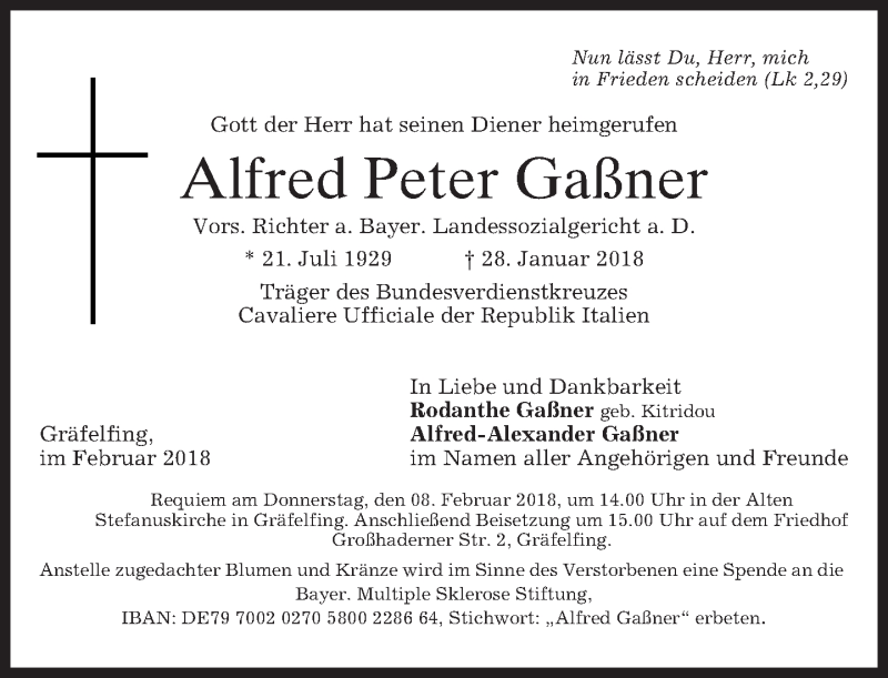  Traueranzeige für Alfred Peter Gaßner vom 03.02.2018 aus merkurtz