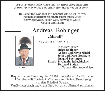 Traueranzeige von Andreas Bobinger von merkurtz