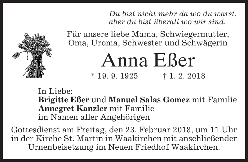 Traueranzeige für Anna Eßer vom 17.02.2018 aus merkurtz