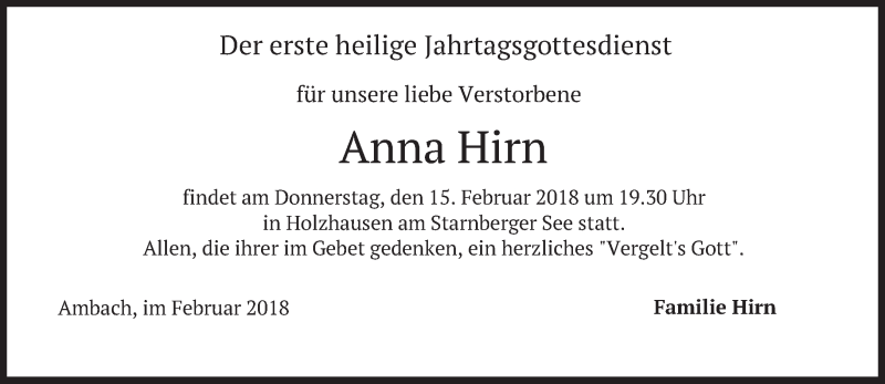  Traueranzeige für Anna Hirn vom 10.02.2018 aus merkurtz
