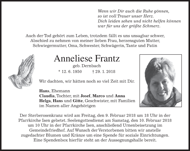  Traueranzeige für Anneliese Frantz vom 07.02.2018 aus merkurtz